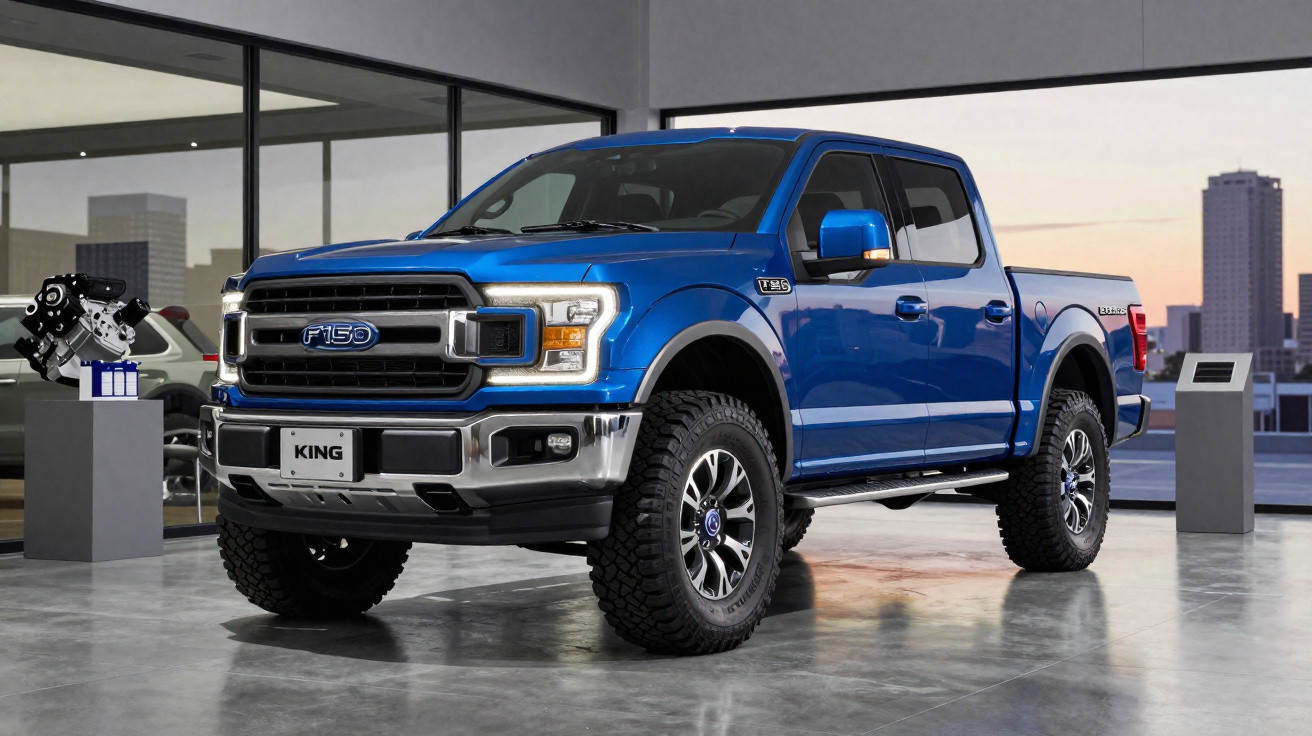 Blauer Ford F-150 King Pick-up im Ausstellungsraum mit großen Offroad-Reifen und Chromelementen