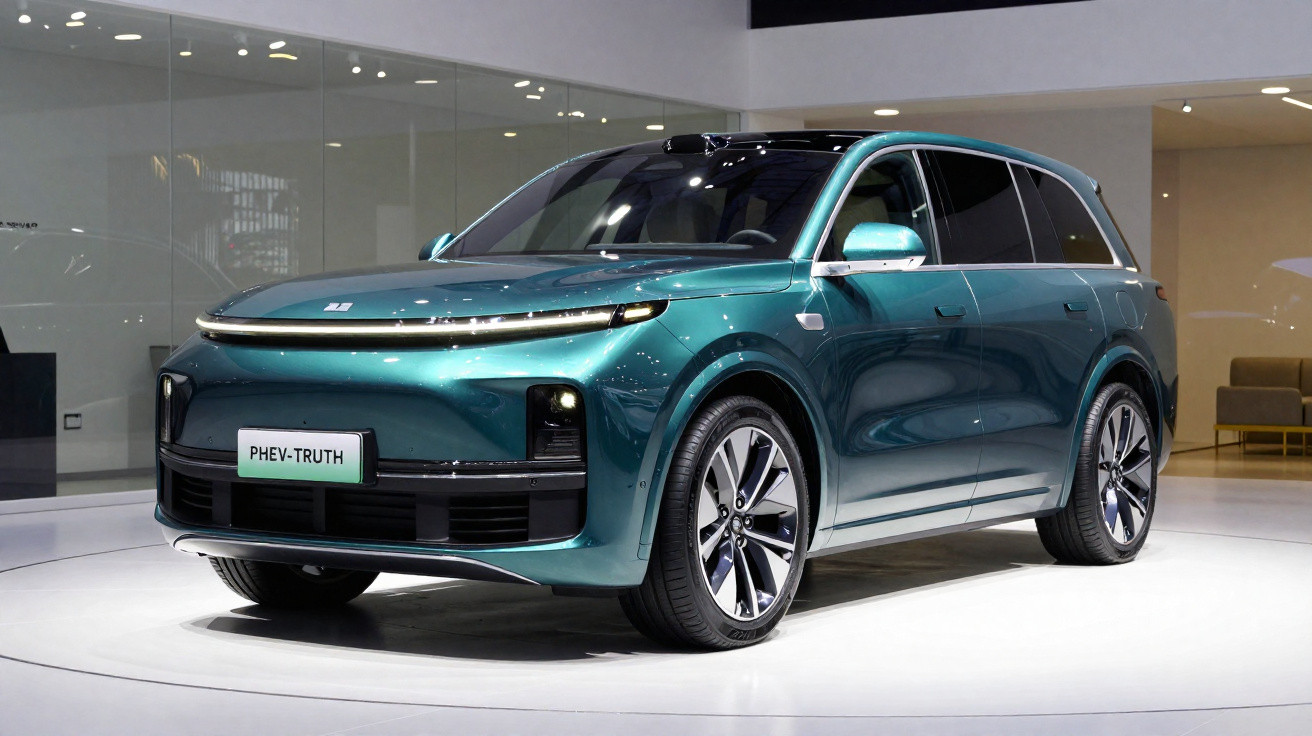 Blaugrünes Elektro-SUV PHEV-TRUTH in modernem Showroom auf weißem Podest ausgestellt.