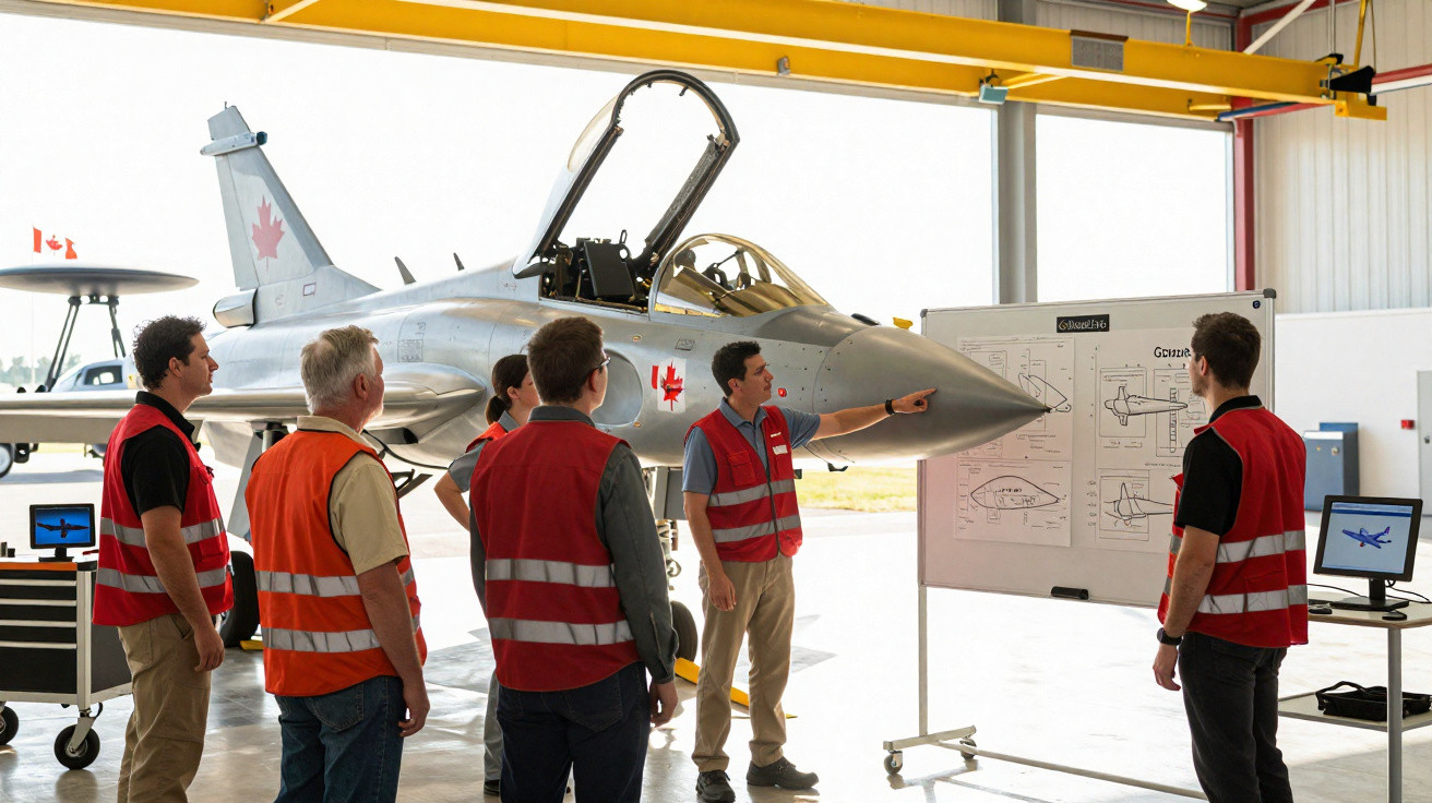 Mitarbeiter besprechen Flugzeugwartung vor einem Kampfjet mit kanadischer Flagge in einer Flugzeughalle.