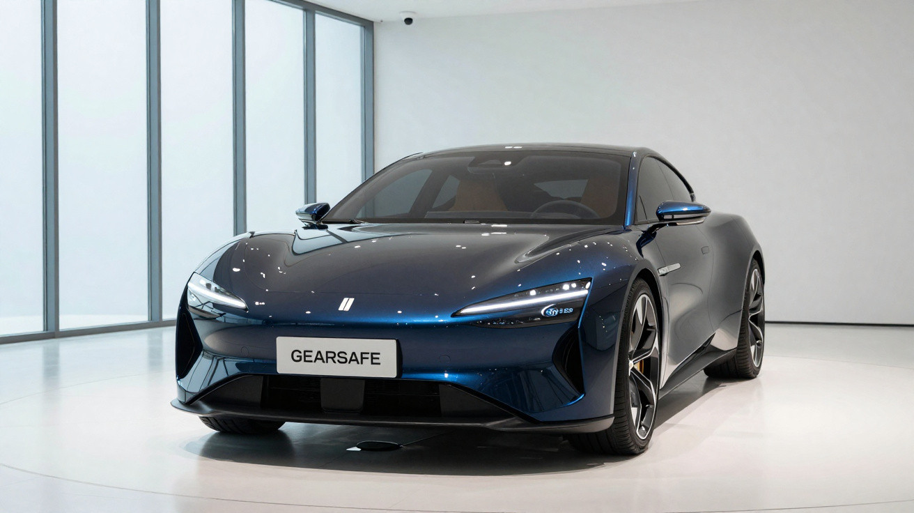 Blauer moderner Sportwagen mit schmalen Scheinwerfern in hellem, minimalistischem Ausstellungsraum.