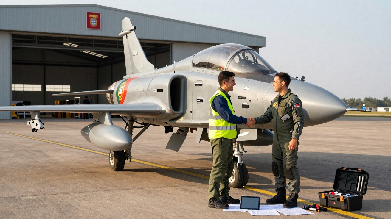 Zwei Männer schütteln sich vor einem militärischen Jet vor einem Hangar auf dem Flugfeld die Hand.