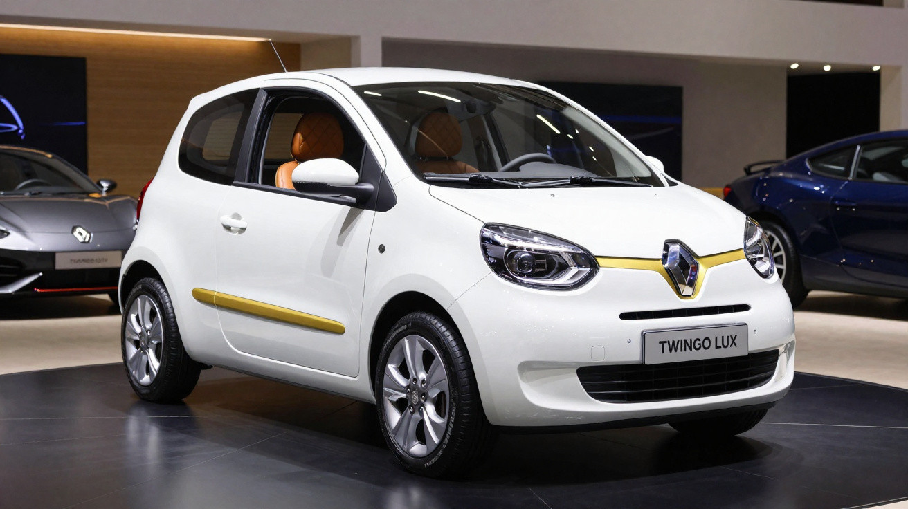 Weißer Renault Twingo Lux Kleinwagen mit goldenen Akzenten auf einer Autoausstellung.