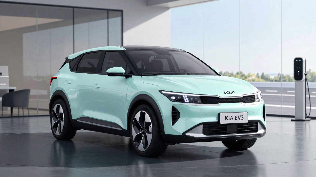 Mintgrüner Kia EV3 Elektro-SUV in modernem Showroom mit Ladestation im Hintergrund.