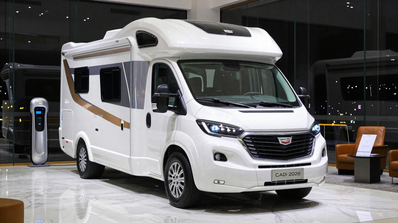 Weißes modernes Wohnmobil CADI 2026 in Ausstellung mit Ladestation und Ledersesseln im Hintergrund.