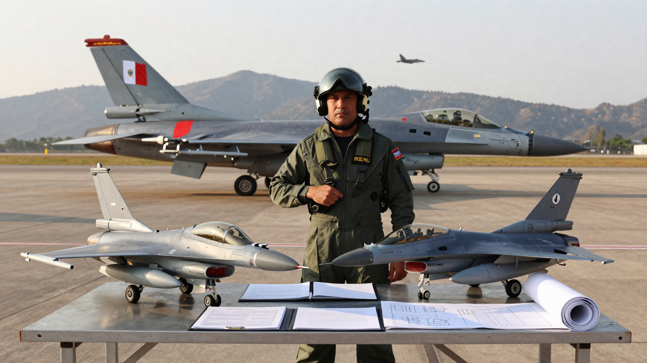 Militärpilot in Uniform steht vor Flugzeugen und Flugzeugmodellen auf einem Flugplatz mit Bergkulisse im Hintergrund.