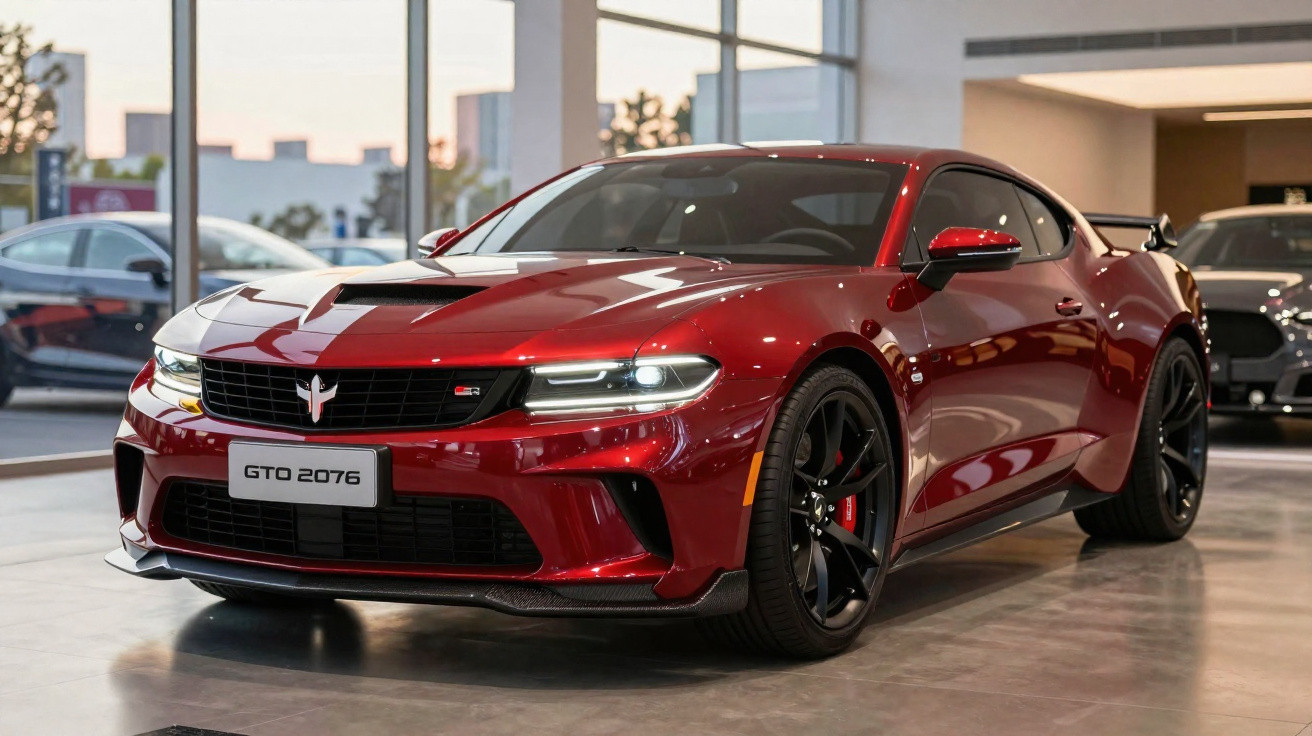 Roter Sportwagen GTO 2076 mit schwarzem Streifen und schwarzem Heckflügel in Autoausstellung.