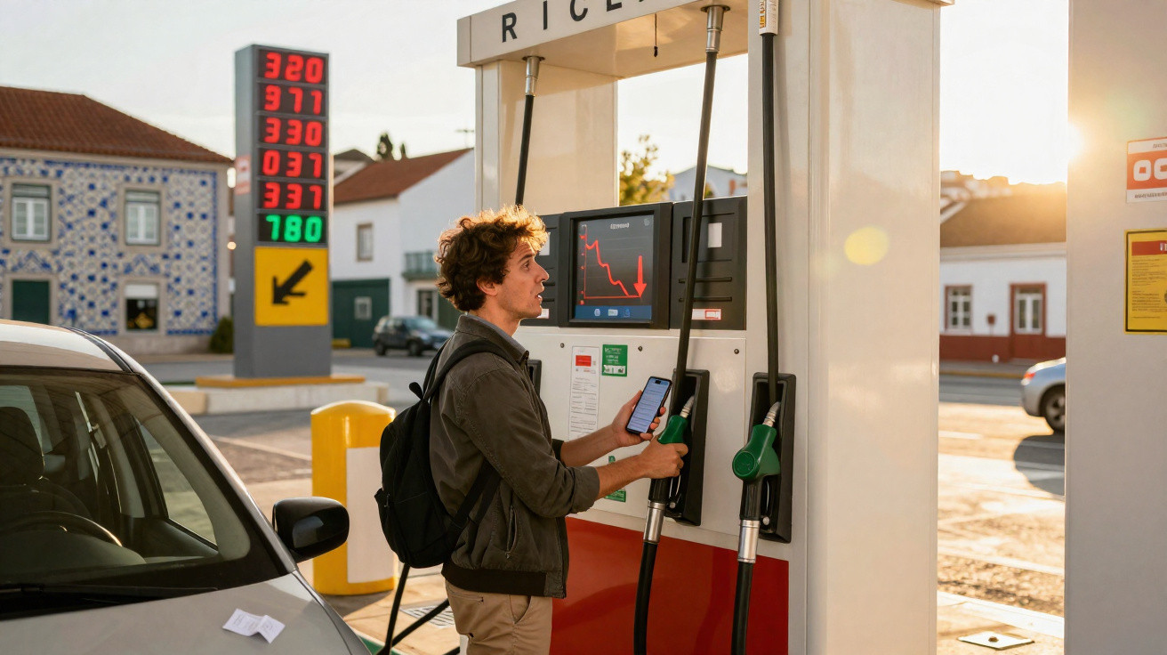 Mann mit Rucksack tankt Auto an Zapfsäule und blickt auf Smartphone vor Sonnenuntergang an Tankstelle.