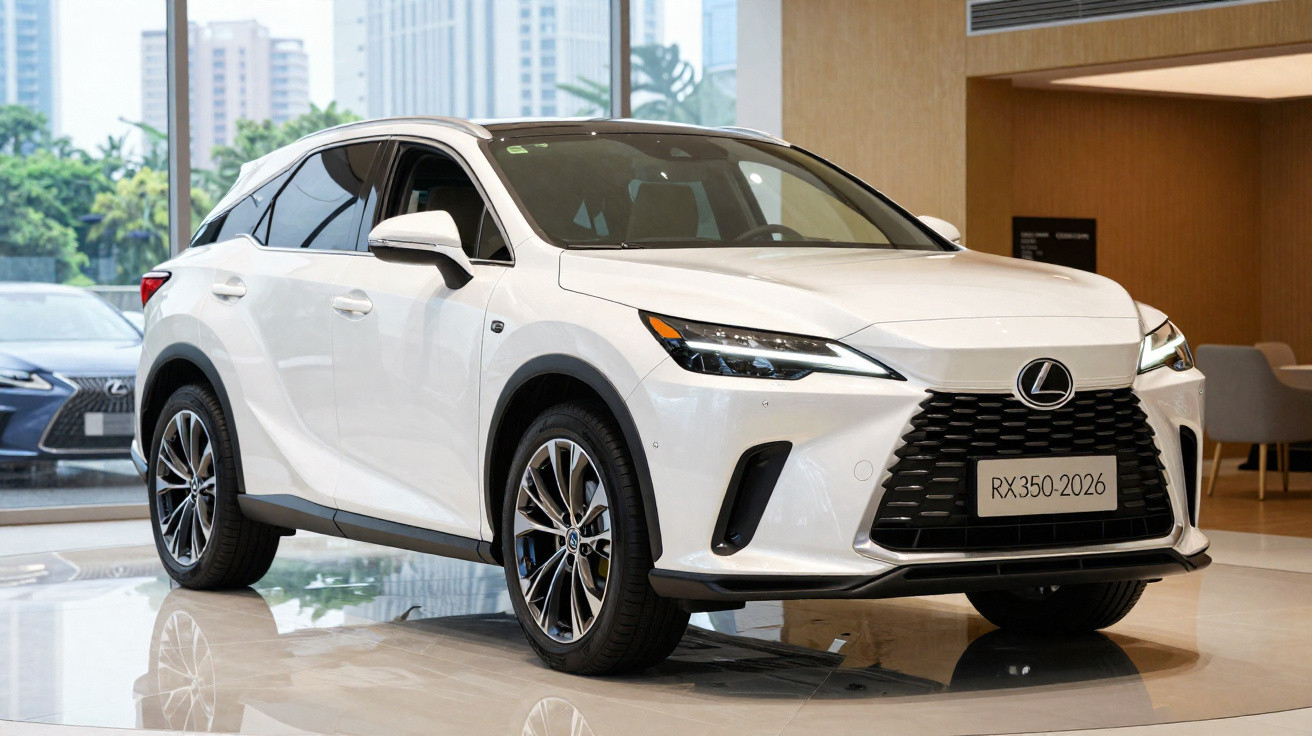 Weißer Lexus RX 350 SUV im Showroom mit moderner Architektur im Hintergrund.