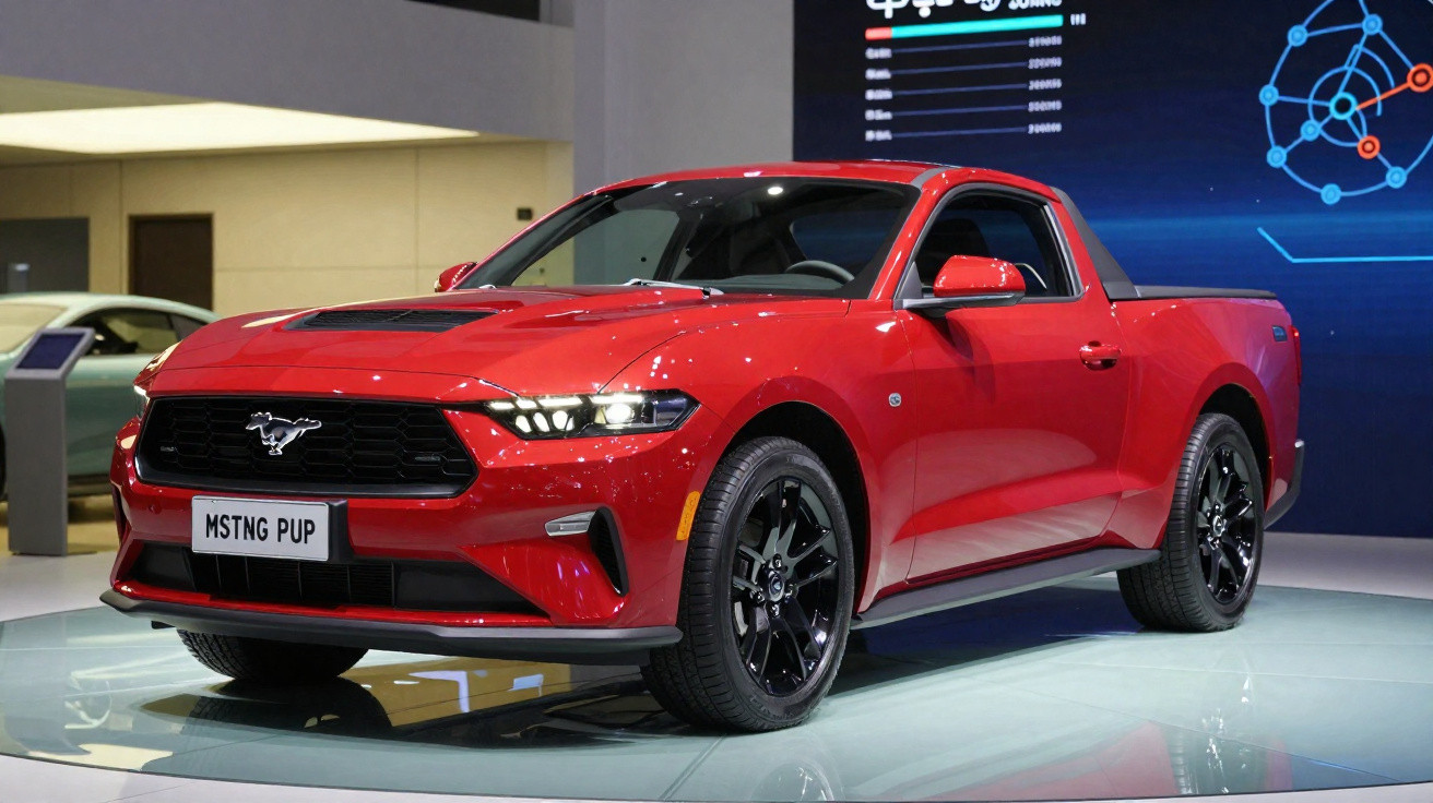 Roter Ford Mustang Pickup mit schwarzem Kühlergrill und leuchtenden Scheinwerfern auf Ausstellung.