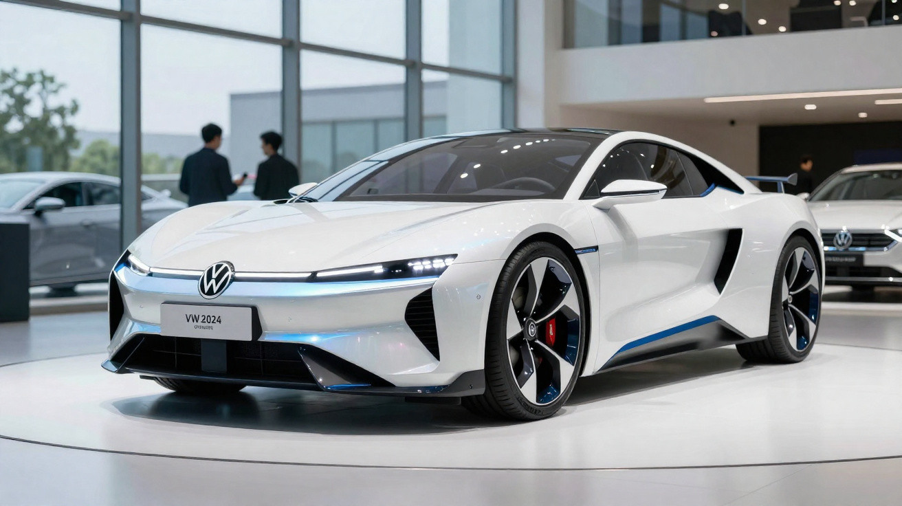 Weißer Volkswagen Elektro-Sportwagen VW 2024 in modernem Showroom mit großen Glasfenstern.