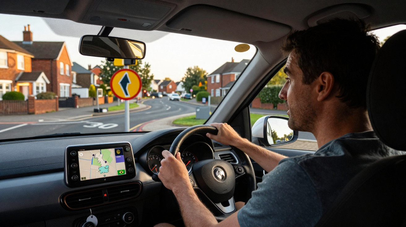 Mann fährt Auto auf Wohnstraße, Blick auf Lenkrad, Navi und Verkehrsschild bei Sonnenuntergang.
