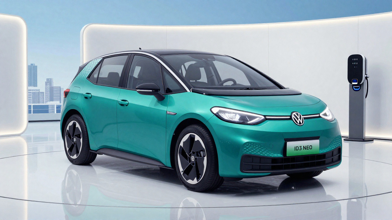 Grüner Volkswagen ID.3 Neo Elektroauto in modernem Raum neben einer Ladestation.