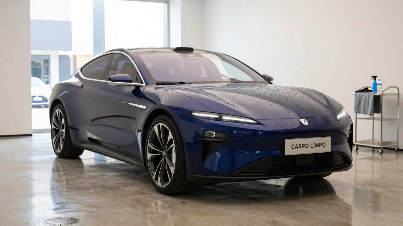 Blauer Elektro-Sportwagen Carro Limpo in moderner, heller Garage mit nassem Lack und großen Felgen.