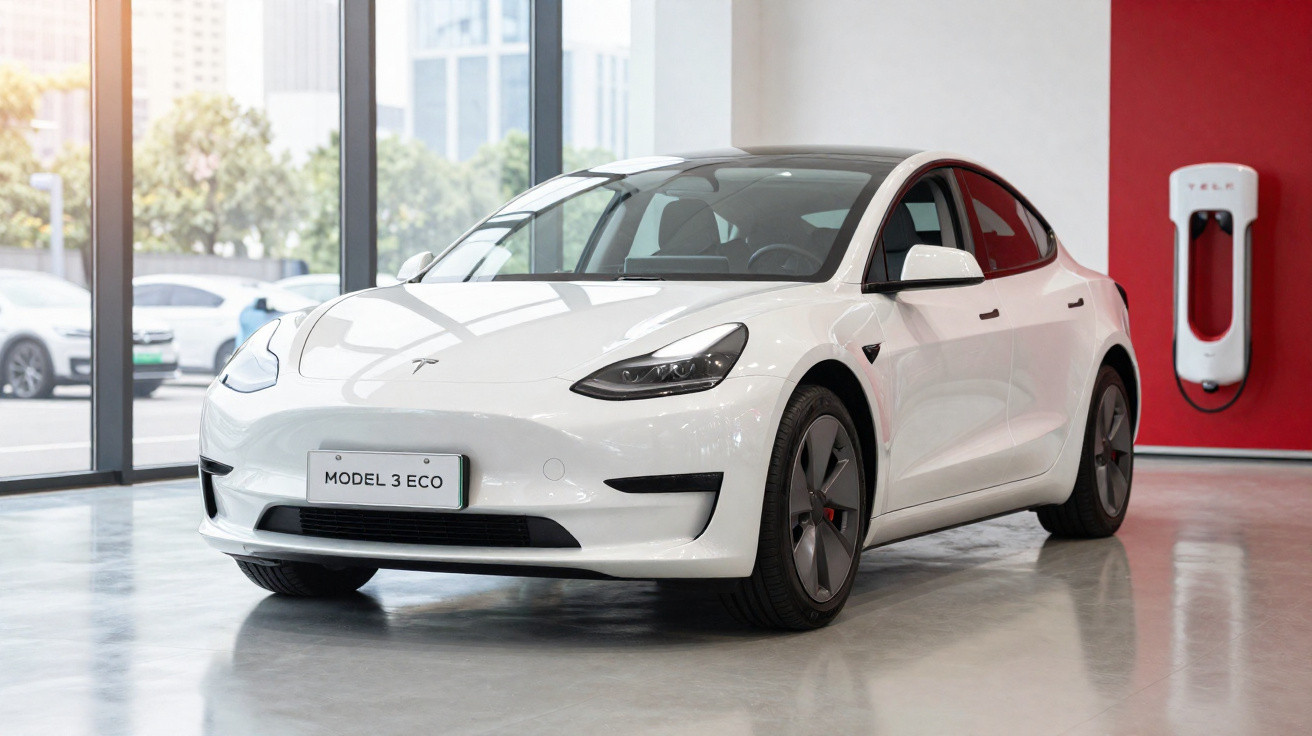 Weißer Tesla Model 3 Elektroauto im Innenraum vor roter Wand mit Ladestation.