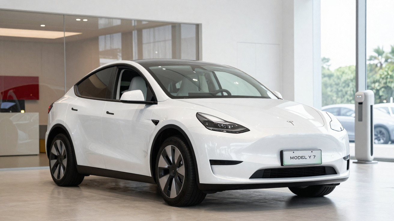 Weißes Tesla Model Y Elektroauto im Showroom mit großen Fenstern und Ladestation im Hintergrund.