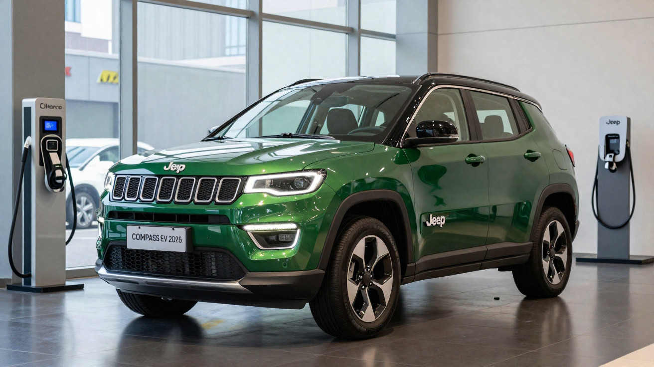 Grüner Jeep Compass EV 2026 in einem modernen Showroom neben zwei Elektroladestationen.