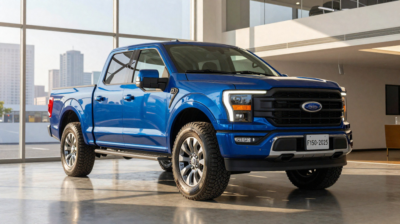 Blauer Ford F-150 Pickup-Truck in hellem, modernem Showroom mit großen Fenstern.