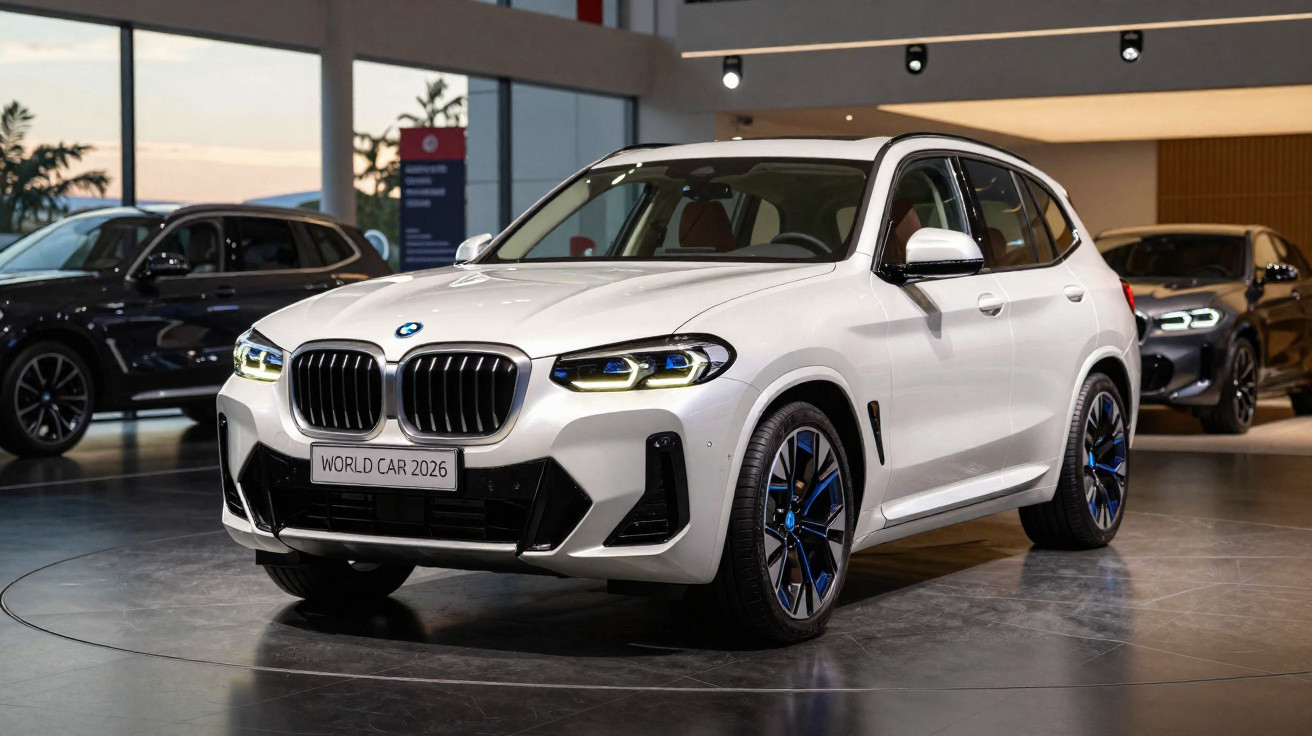 Weißer BMW X3 mit "World Car 2026"-Schild in modernem Ausstellungsraum bei Dämmerung.