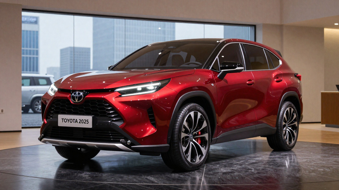 Roter Toyota SUV 2025 im Showroom mit modernen LED-Scheinwerfern und glänzendem Lack auf schwarzem Boden.