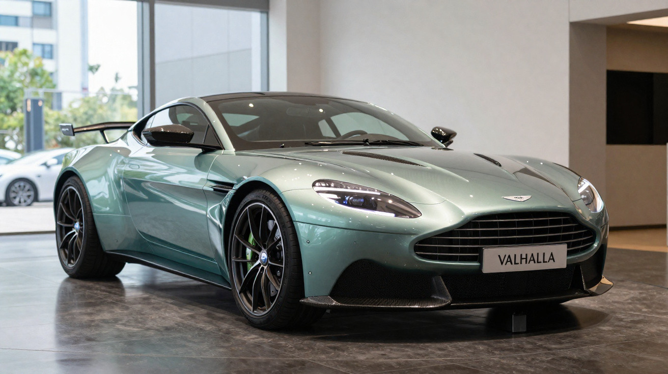 Sportlicher grüner Aston Martin Valhalla Supersportwagen in modernem Showroom mit großen Fensterfronten.