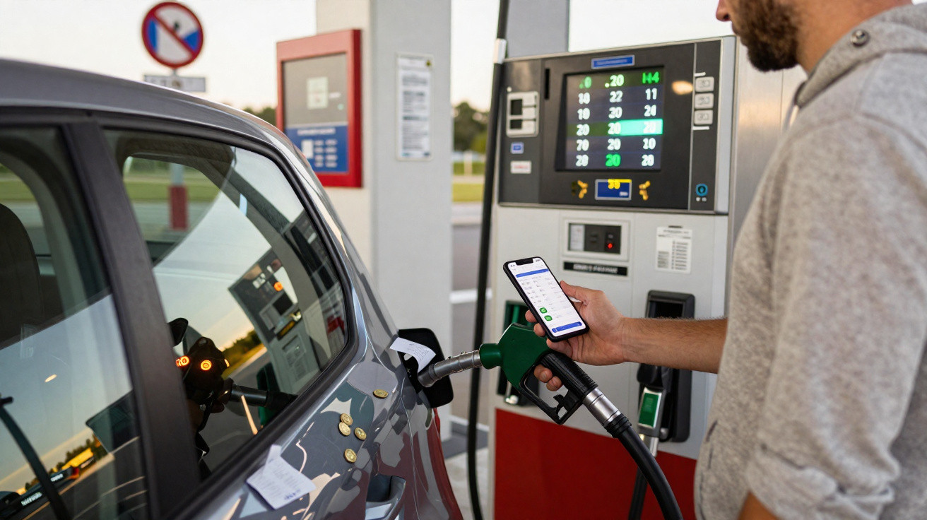 Mann tankt Auto an Zapfsäule und hält dabei Smartphone in der Hand an einer Tankstelle.