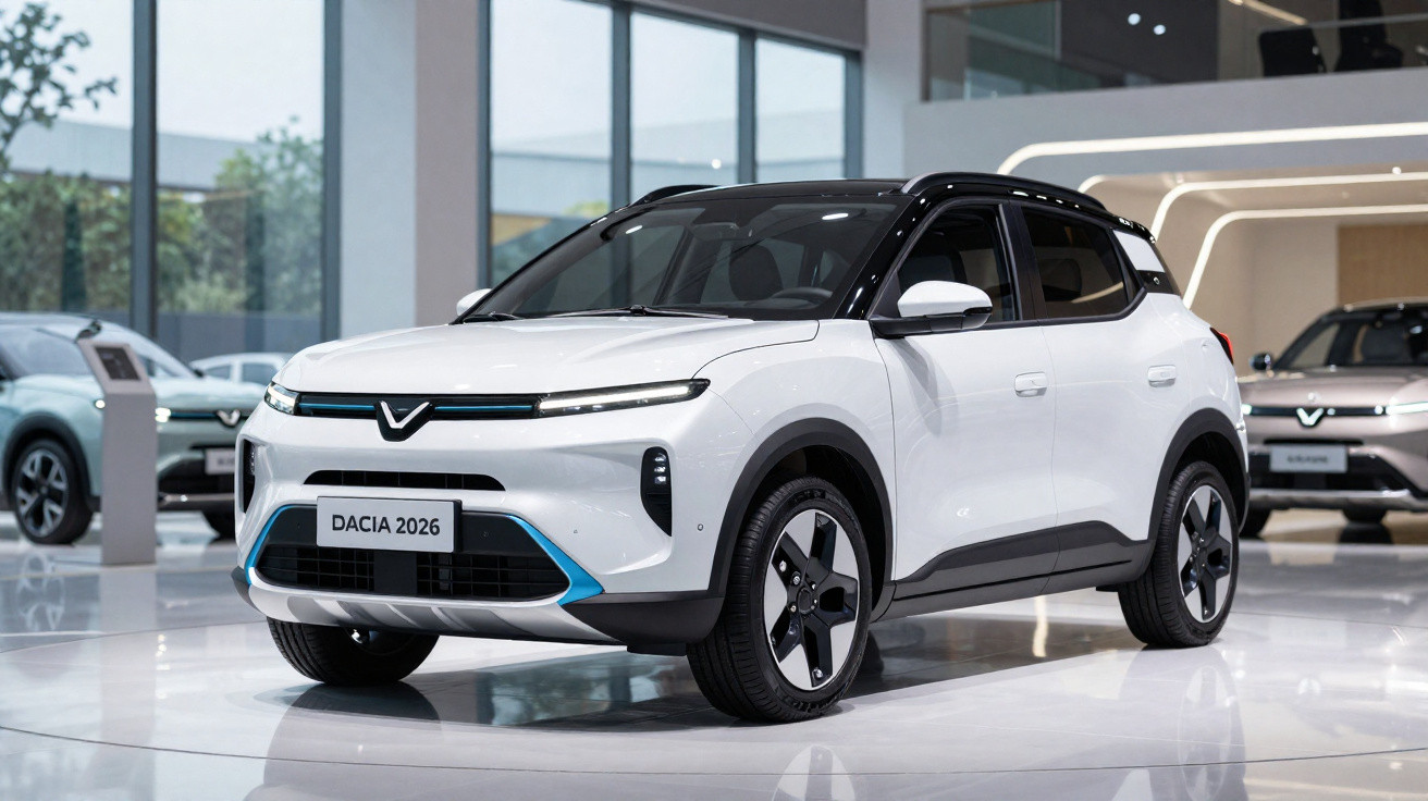 Weißes SUV-Modell Dacia 2026 im hellen Ausstellungsraum mit großen Fenstern und weiteren Fahrzeugen im Hintergrund.