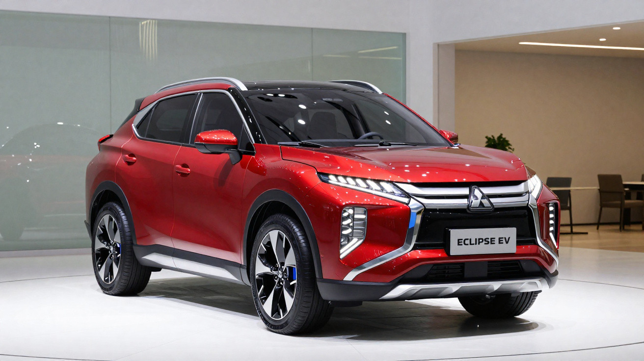 Roter Mitsubishi Eclipse EV Elektro-SUV in moderner Ausstellungshalle auf weißem Boden stehend.