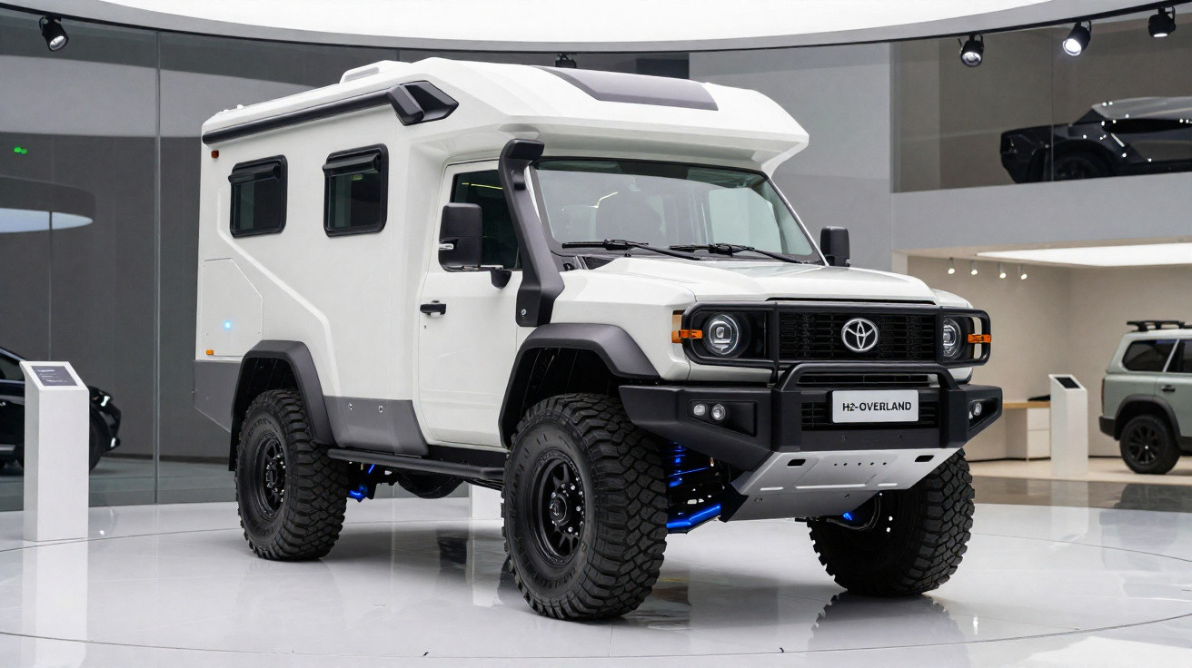 Weißer Toyota H2-Overland Geländewagen mit Aufbaumodul für Offroad-Camping in moderner Ausstellungshalle.