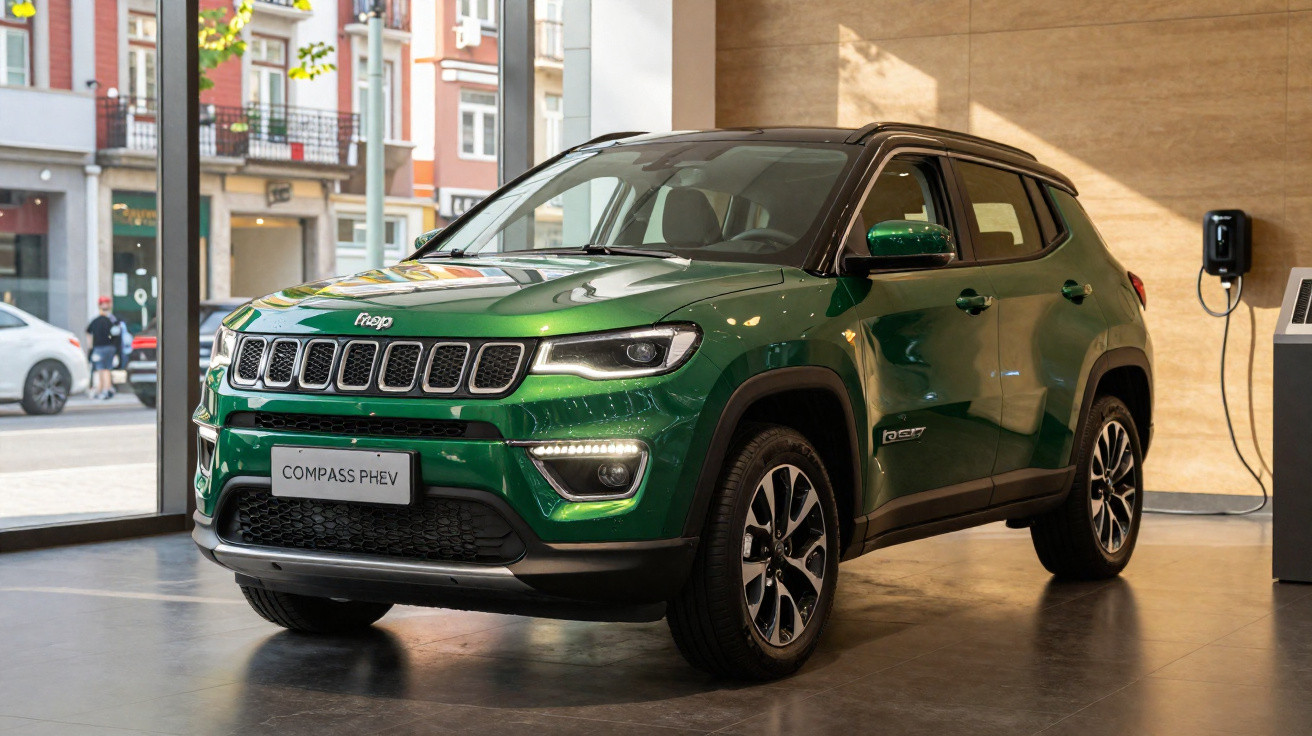 Grünes Jeep Compass PHEV Elektro-SUV in einem modernen Ausstellungsraum mit Ladestation an der Wand.