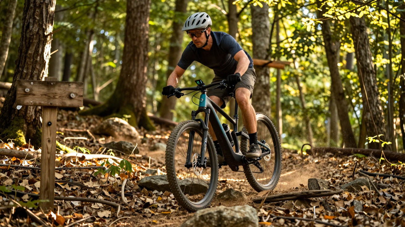 Mann mit Helm fährt Mountainbike auf sonnigem Waldweg mit Laub und Steinen.