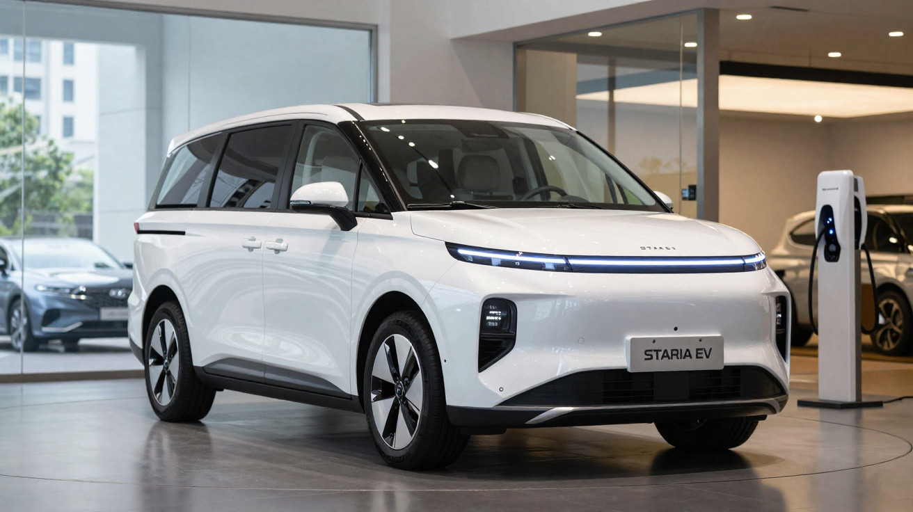 Weißer elektrischer Minivan Hyundai Staria EV in einem modernen Showroom neben Ladestation.