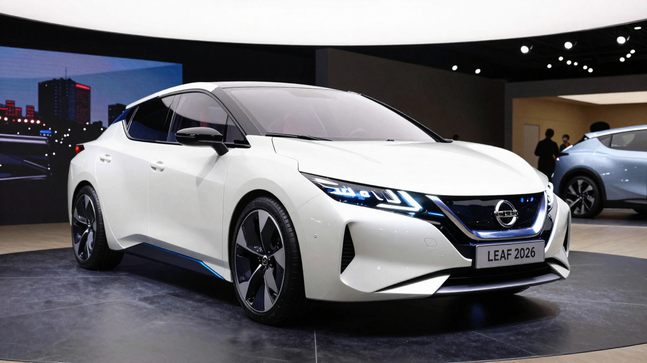 Weißer Nissan Leaf 2026 Elektroauto mit modernen LED-Scheinwerfern auf Autoausstellung.