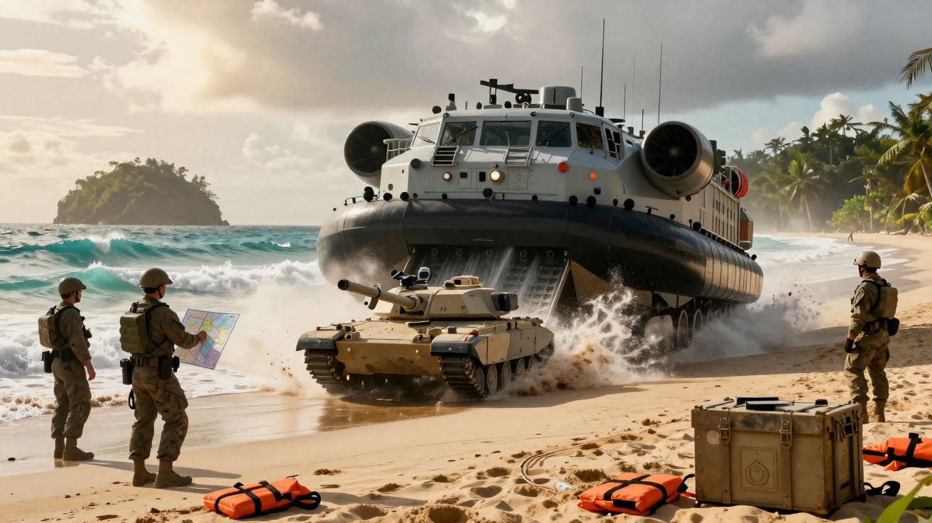 Militärischer Landungsboot fährt am Strand auf, Panzer und Soldaten mit Karte am Sand unter bewölktem Himmel.
