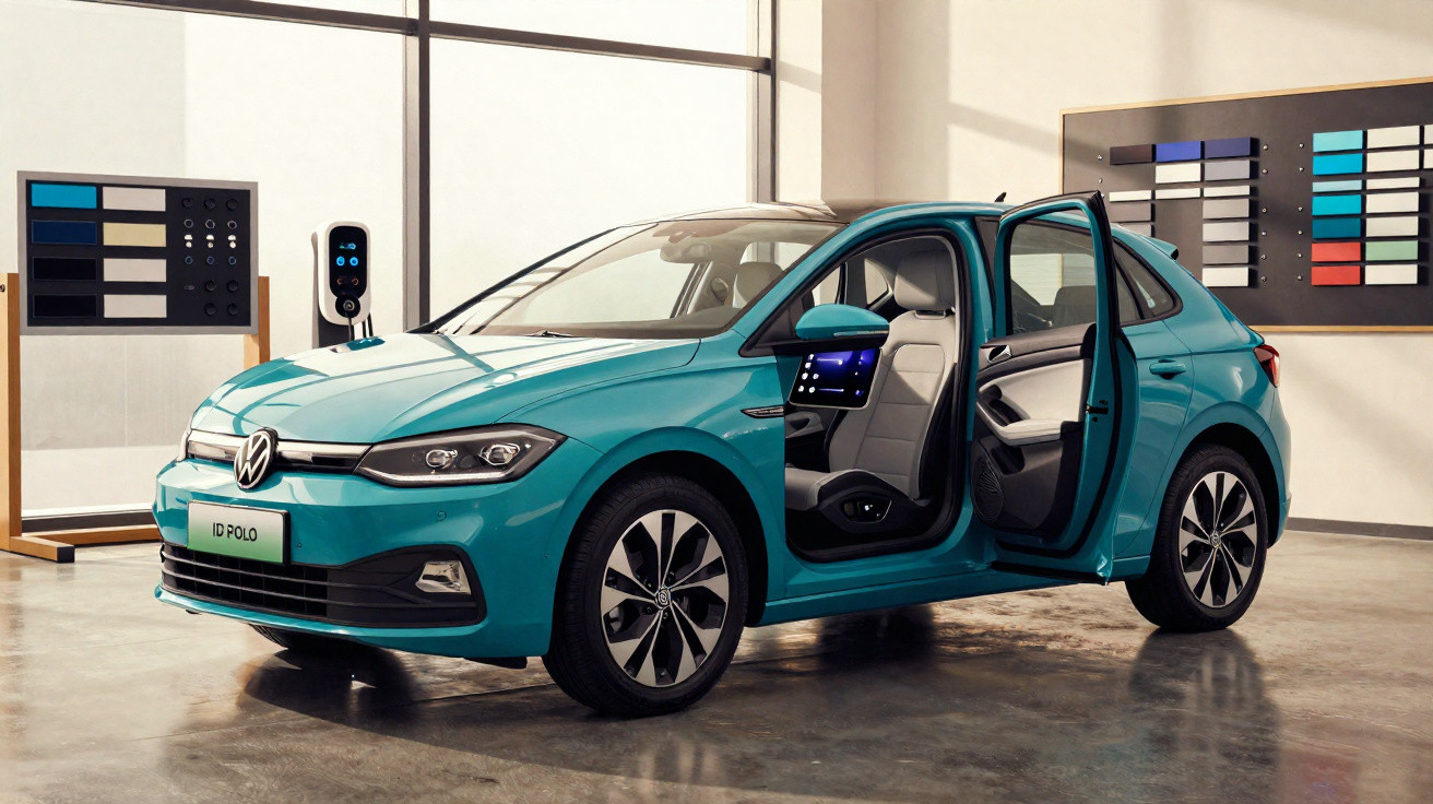 Blauer Volkswagen ID. Polo mit geöffneter Fahrertür in modernem Raum mit großen Fenstern und Farbtafeln.