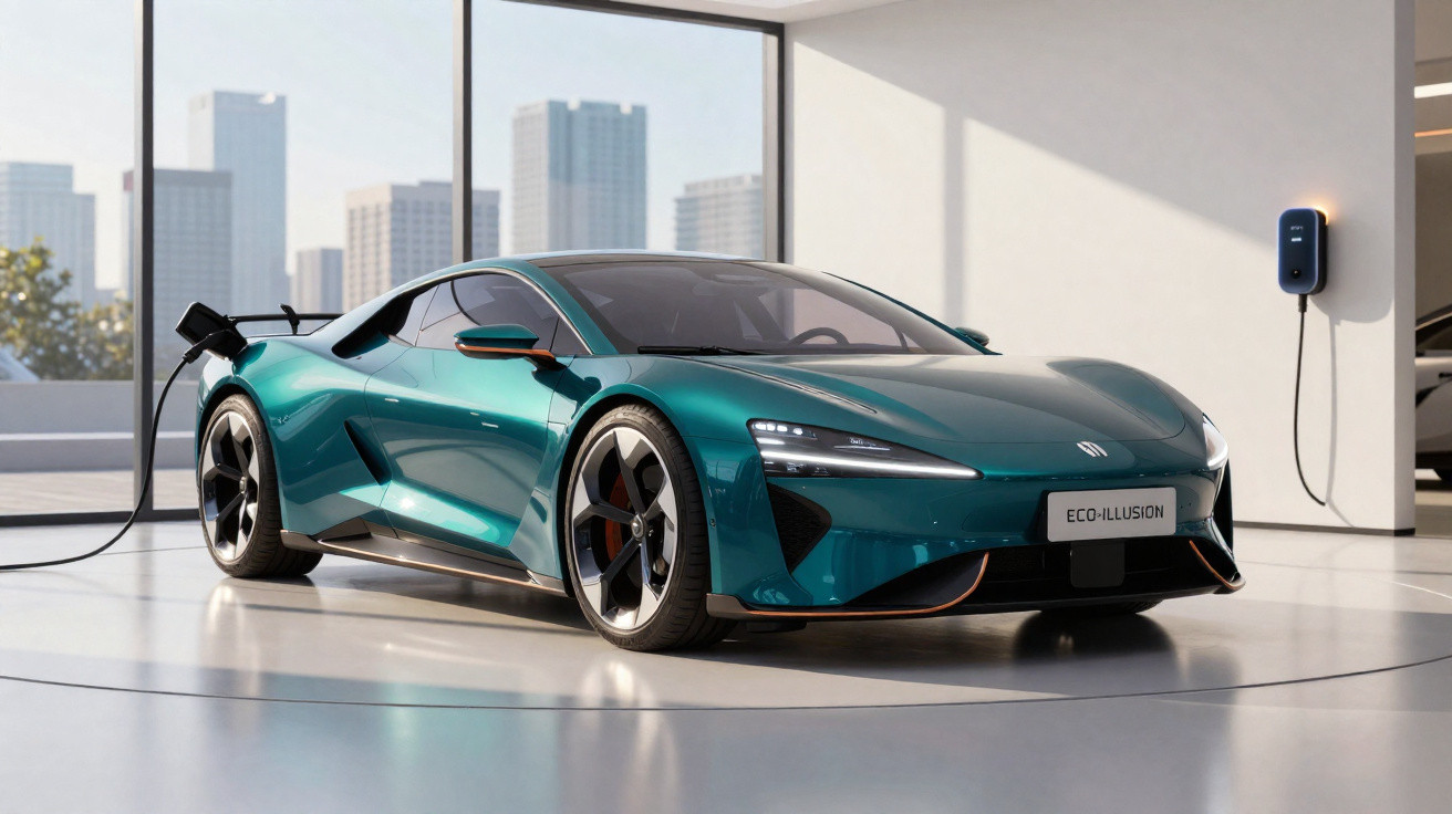 Grünes Elektro-Sportauto lädt an Ladestation in modernem, hellem Raum mit Fenster und Stadtblick.