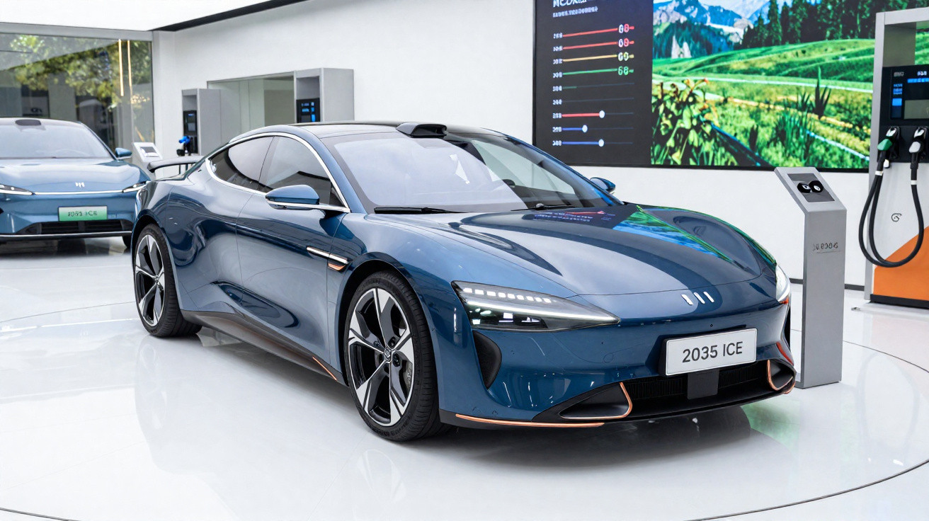 Blauer moderner Sportwagen in Ausstellungsraum neben E-Ladestation vor digitaler Anzeige