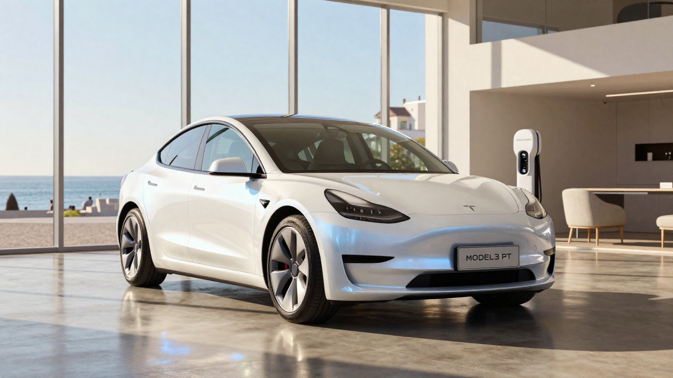 Weißer Tesla Model 3 in modernem Raum mit großen Fenstern und Ladestation im Hintergrund.
