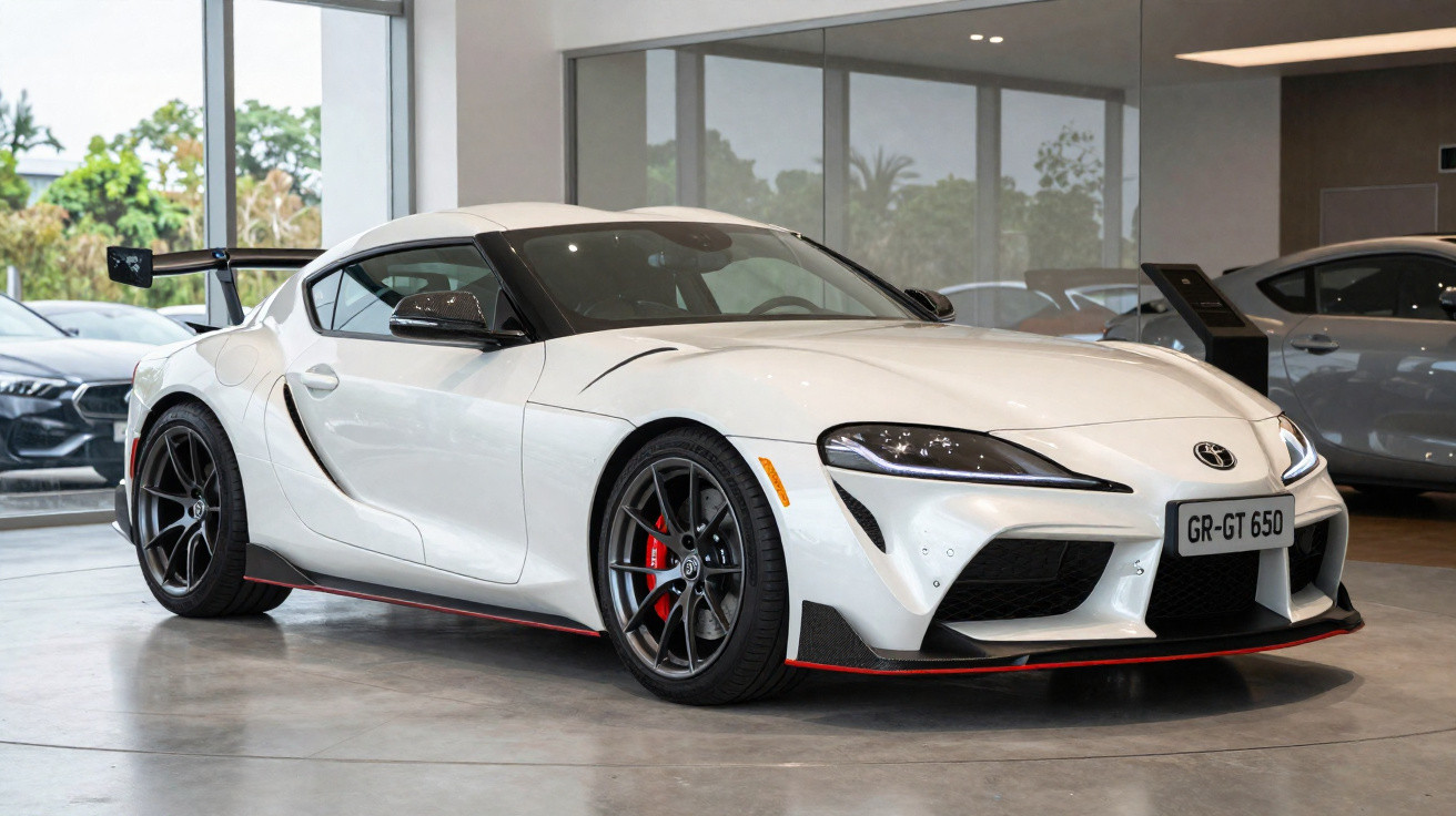 Weißer Toyota GR Supra Sportwagen mit rotem Akzent auf dem Boden in einem Autohaus.