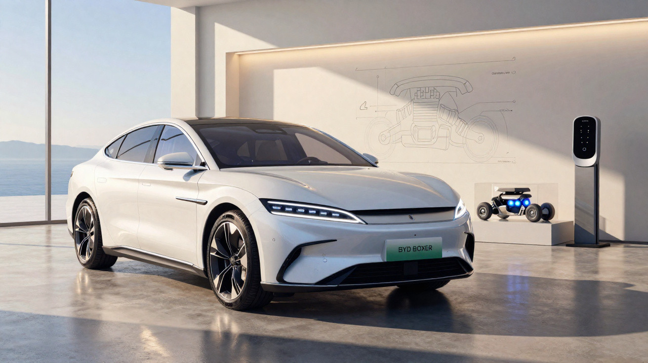 Weißes Elektroauto BYD Boxer in modernem Showroom mit Ladestation und Autobauskizze an der Wand.