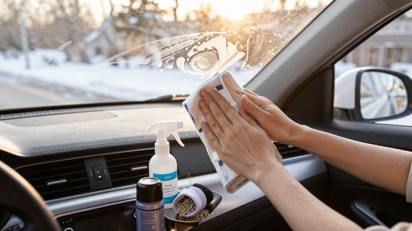 Person reinigt mit Tuch und Spray die Innenseite der Autoscheibe bei Sonnenlicht und Schnee draußen.