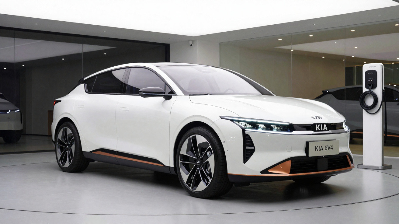 Weißer Kia EV4 Elektroauto in modernem Showroom neben Ladestation stehend.