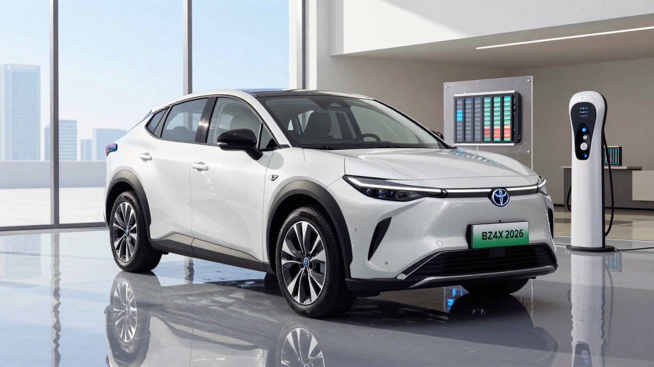 Weißer Toyota BZ4X Elektro-SUV steht in modernem Raum neben Ladestation vor großen Fenstern.