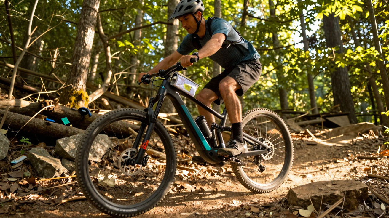 Mann fährt Mountainbike mit Helm auf einem Waldweg voller Steine und Laub bei Sonnenschein.