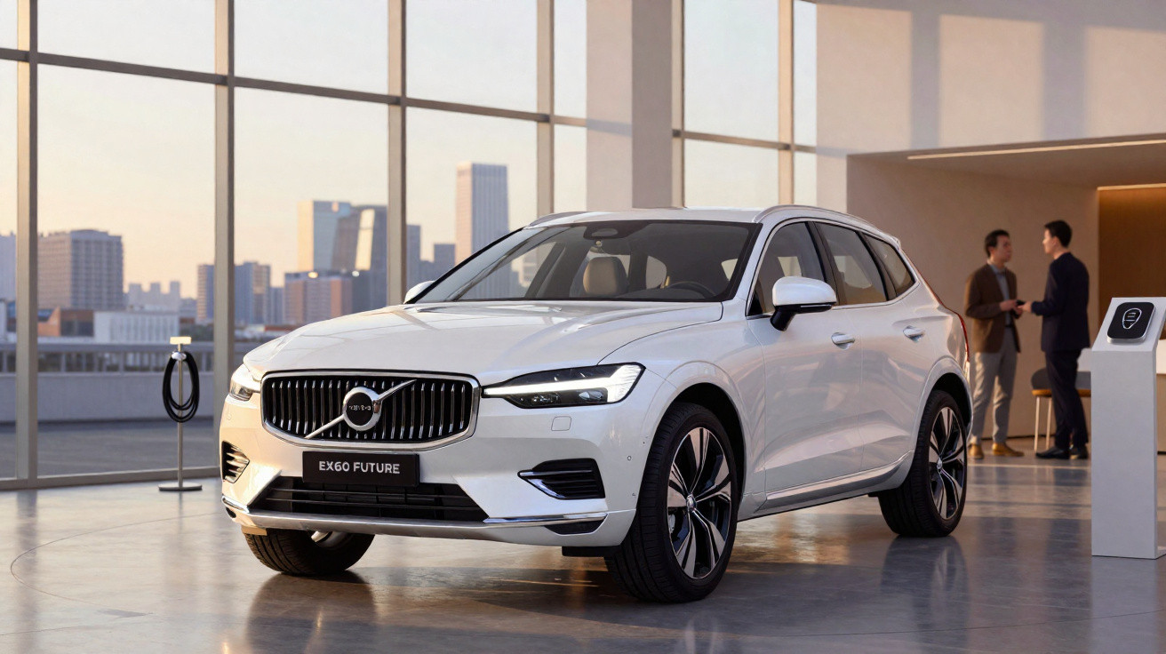 Weißer Volvo EX60 Future Elektro-SUV in modernem Showroom mit Stadtblick und zwei Personen im Hintergrund.