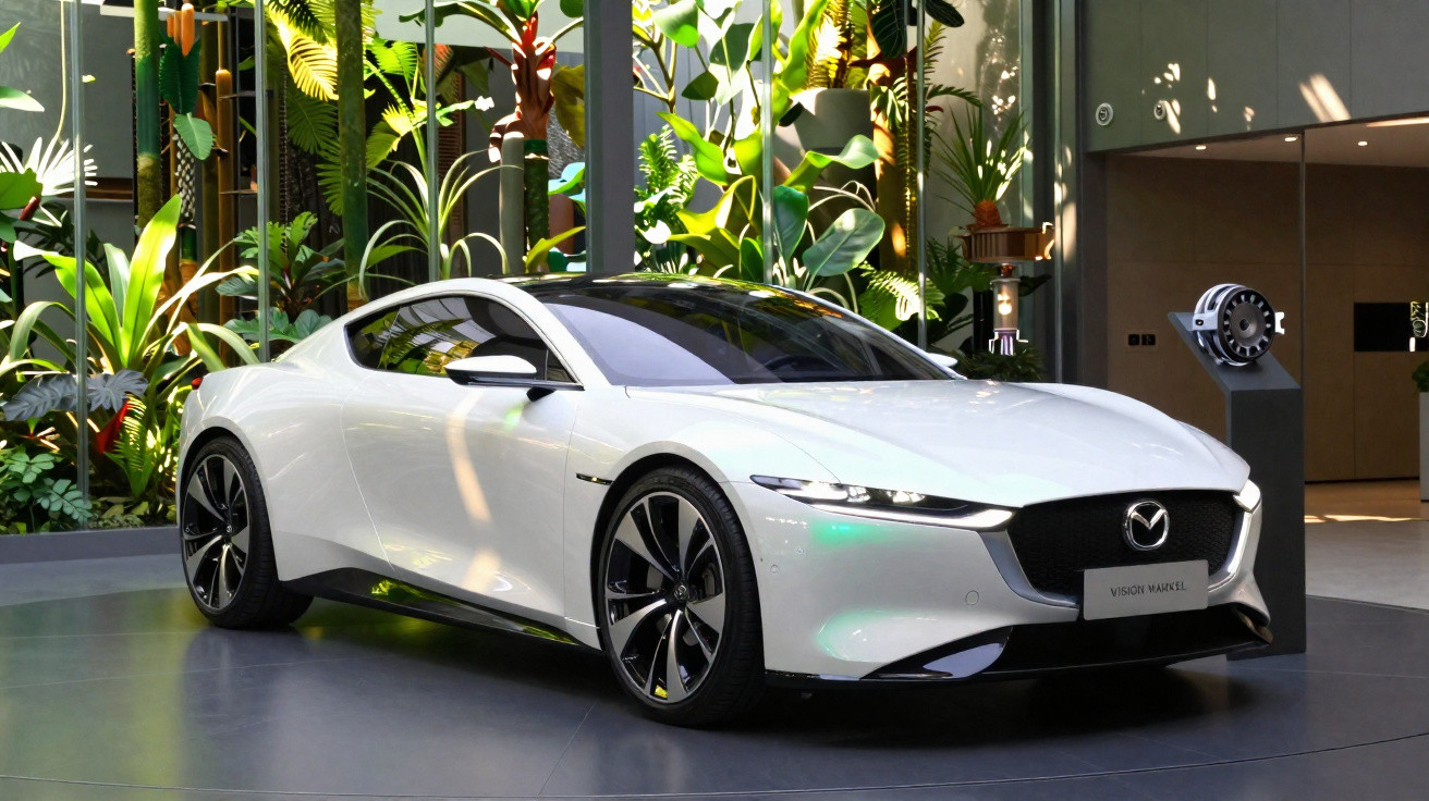 Weißes Mazda Vision Mark EL Elektroauto in modernem Ausstellungsraum mit Pflanzen im Hintergrund.