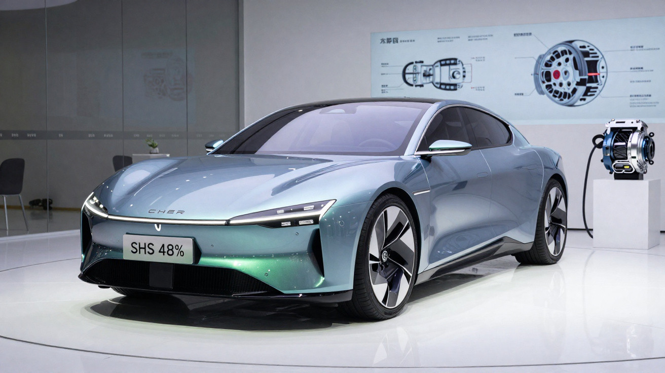 Elegantes, futuristisches elektrisches Fahrzeug in silberblauer Farbe auf Präsentationsbühne in modernem Raum.