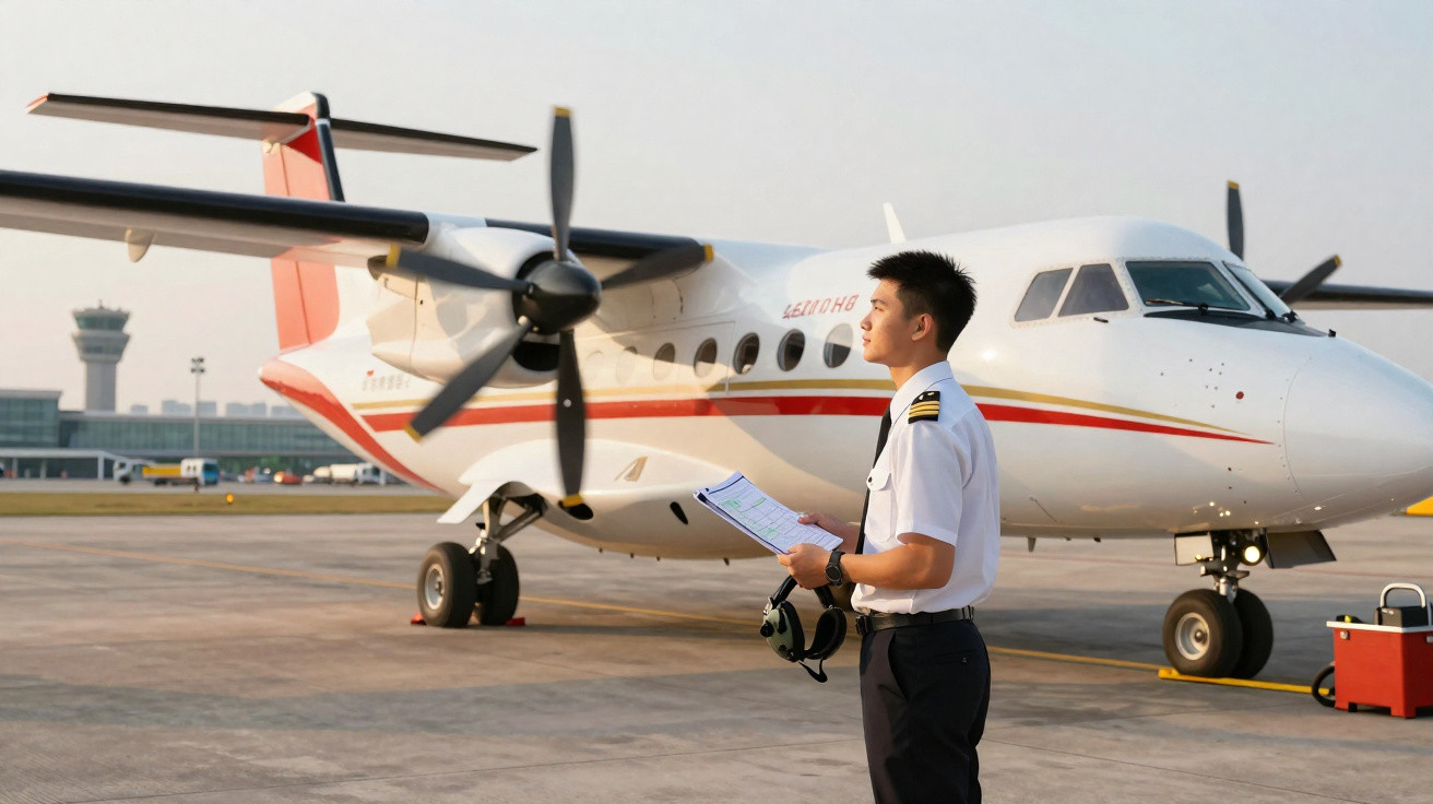Pilot in Uniform steht mit Flugplan vor einem Propellerflugzeug auf dem Rollfeld bei Sonnenuntergang.