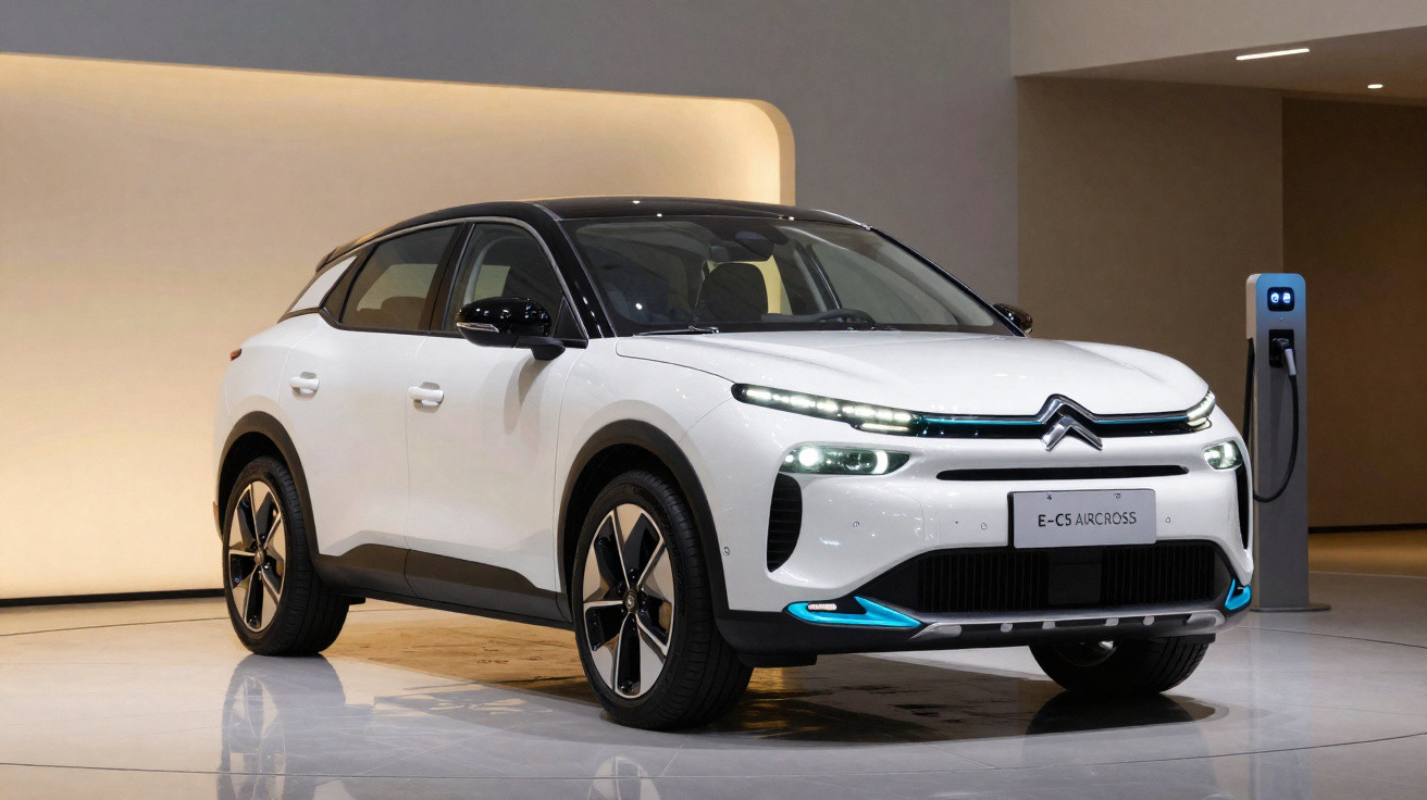 Weißer Citroën E-CS Aircross Elektro-SUV an Ladestation in modernem Innenraum.