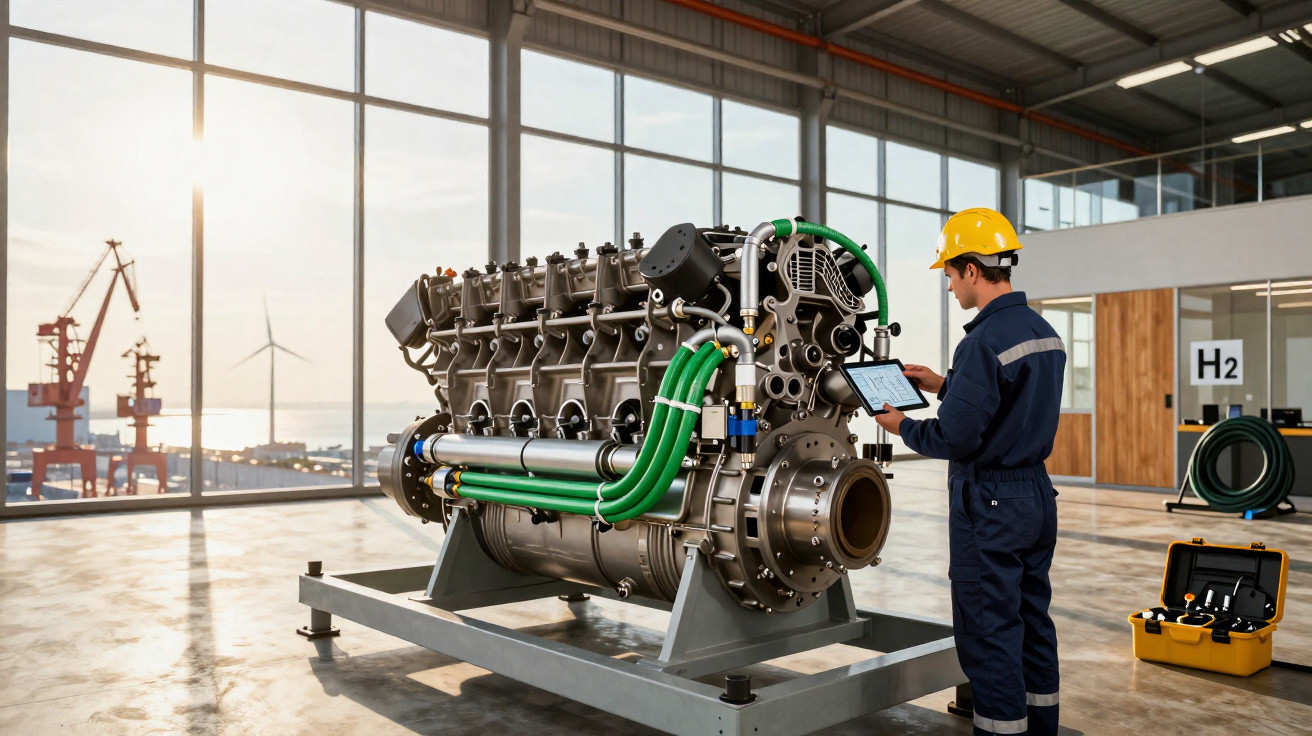 Techniker in Schutzhelm überprüft großen Motor mit grünen Schläuchen in moderner Industriehalle bei Tageslicht.