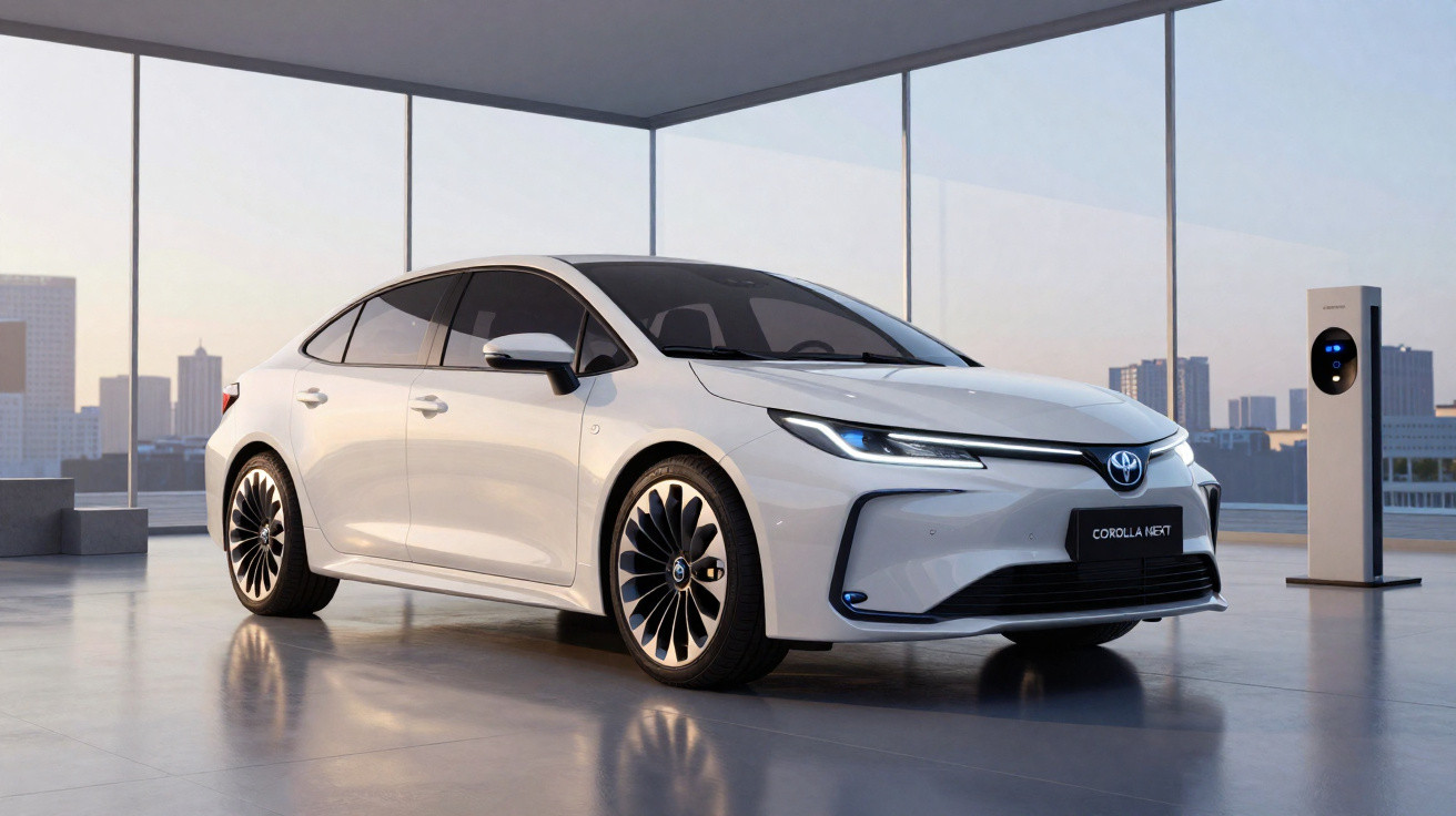 Weißer Toyota Corolla Next Elektroauto steht in modernem Raum mit großen Fenstern und Ladestation.